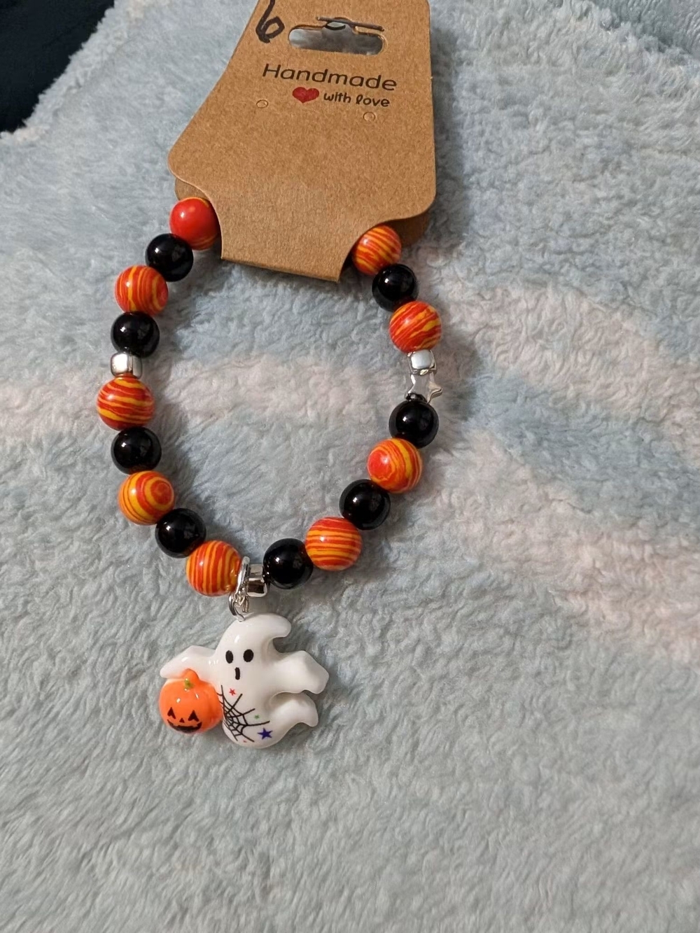 Handmade  Halloween Ghost Beaded Bracelet - Orange & Black